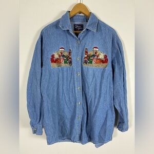 Vintage Let’s Quizz Again Denim Shirt Embroidered Christmas Cat Large